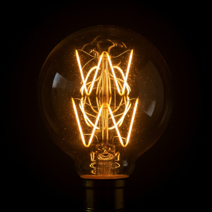 An illuminated vintage bulb with warm gold filaments forming the WebWorksLA double W